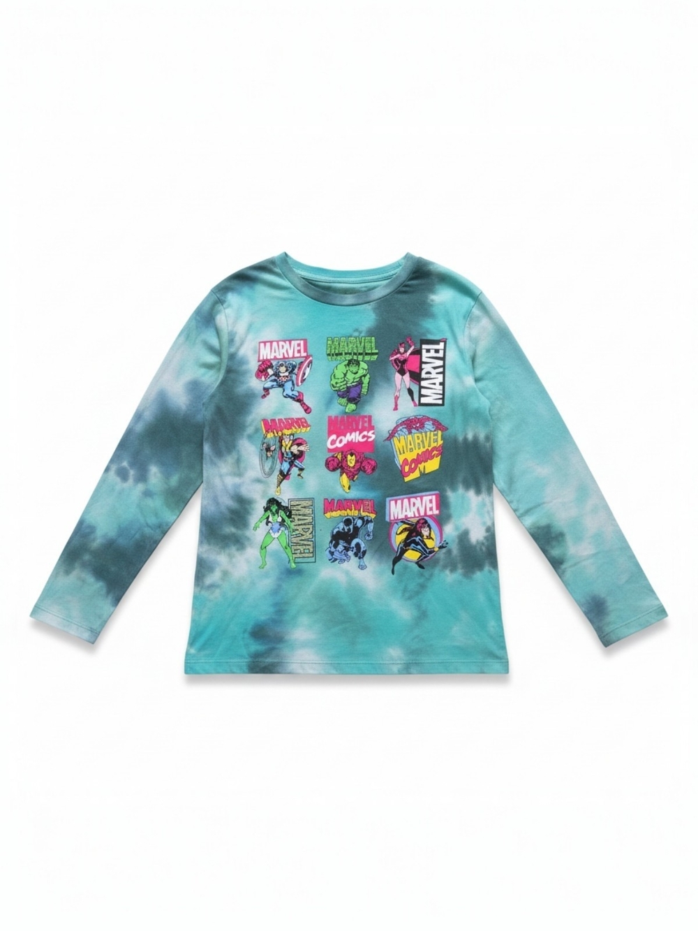 Marvel Avengers "Comic Collage" Teal Tie-Dye Long Sleeve Graphic Tee